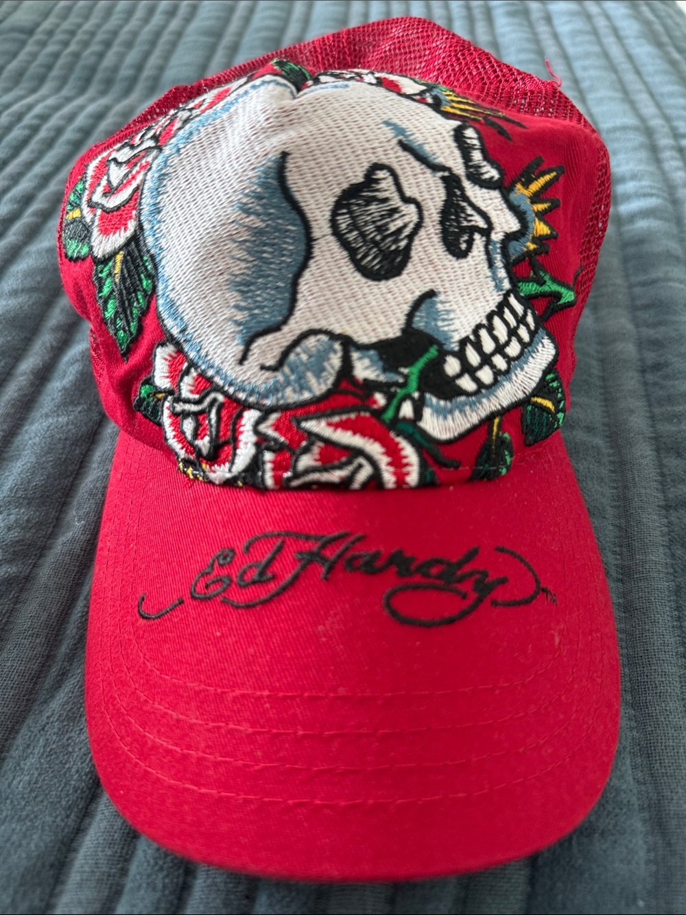 Ed Hardy Red Trucker Cap with Embroidered Skull and Roses
